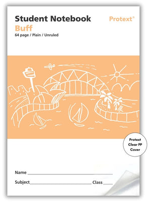 Current front of the buff Protext student notebook printed 64 page Plain Unruled, with a harbour sketch and Clear PP Cover badge