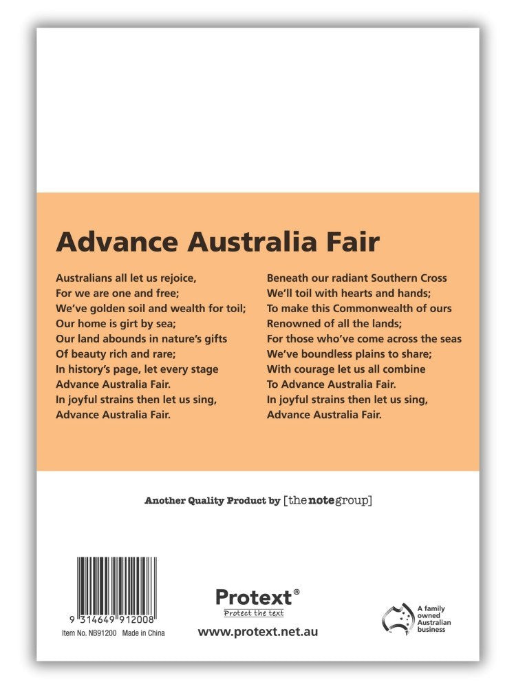 Back of the buff Protext notebook carrying the words of Advance Australia Fair, a barcode and the Protext logo