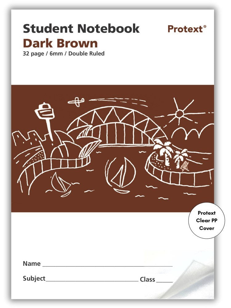 Dark brown Protext student notebook front printed 32 page 6mm double ruled, with a white harbour drawing and a Clear PP Cover badge