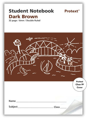 Dark brown Protext student notebook front printed 32 page 6mm double ruled, with a white harbour drawing and a Clear PP Cover badge