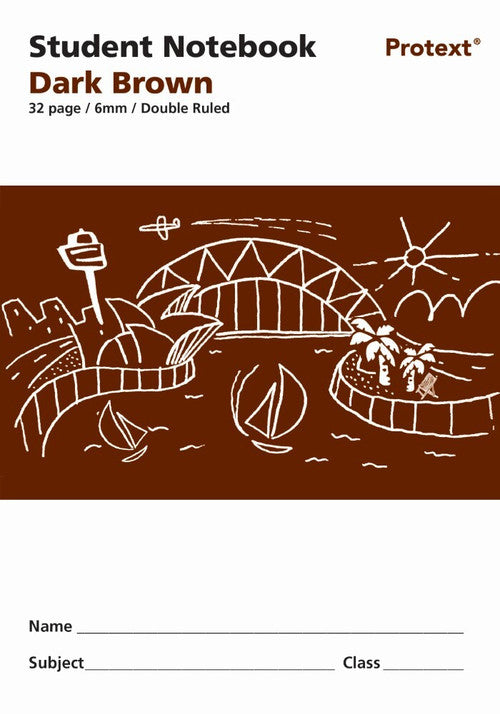 Previous cover artwork of the dark brown Protext 6mm double ruled notebook with name and subject writing lines
