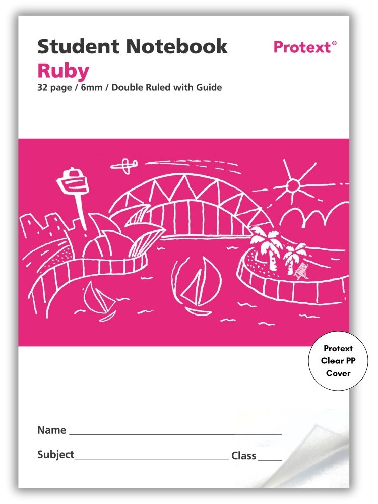 Ruby Protext student notebook cover printed 32 page 6mm double ruled with guide, harbour sketch panel and a Clear PP Cover badge