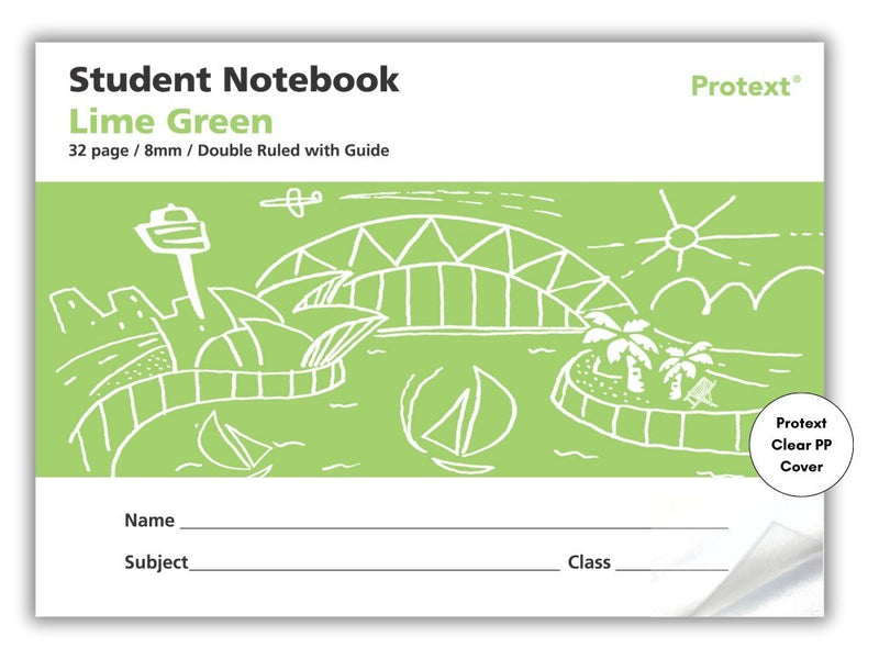 Landscape lime green Protext student notebook cover printed 32 page 8mm double ruled with guide, with a harbour drawing and Clear PP Cover badge