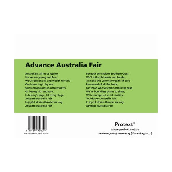 Lime green landscape back cover of the Protext notebook with Advance Australia Fair and a barcode reading item NB90600