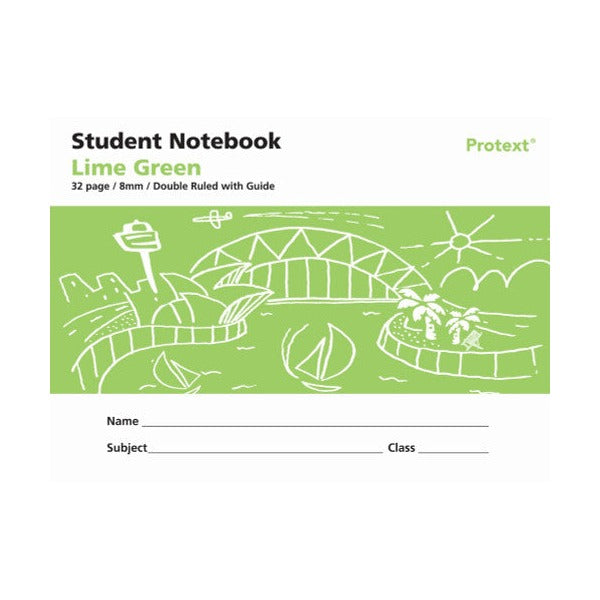 Older landscape cover artwork for the lime green Protext 8mm double ruled with guide student notebook