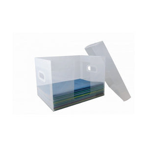 Protext teachers storage box assembled, translucent with oval hand holes at each end, lid leaning against it and exercise books stacked flat inside