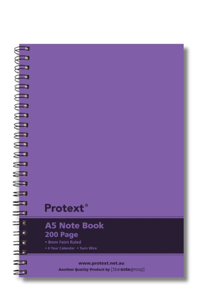 Purple Protext A5 note book with twin wire binding on the left edge and a deep purple band reading 200 Page, 8mm Feint Ruled, 4 Year Calendar and Twin Wire