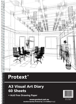 Protext A3 Visual Art Diary with a clear front over an office interior line drawing, black label panel reading 60 Sheets and Acid Free Drawing Paper