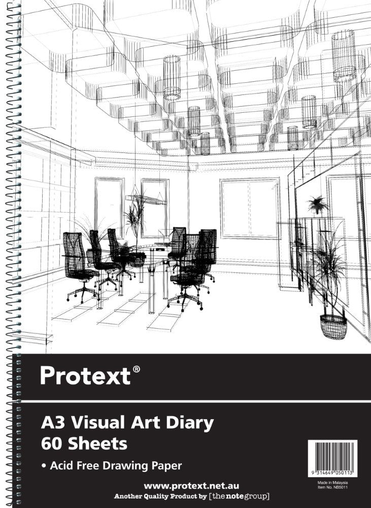 Protext A3 Visual Art Diary with a clear front over an office interior line drawing, black label panel reading 60 Sheets and Acid Free Drawing Paper