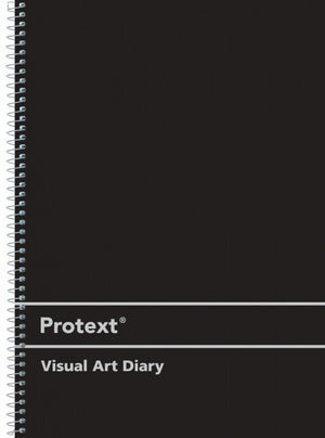 Protext Visual Art Diary with a plain black polypropylene cover, the Protext name and Visual Art Diary printed in white and a wire spiral down the left