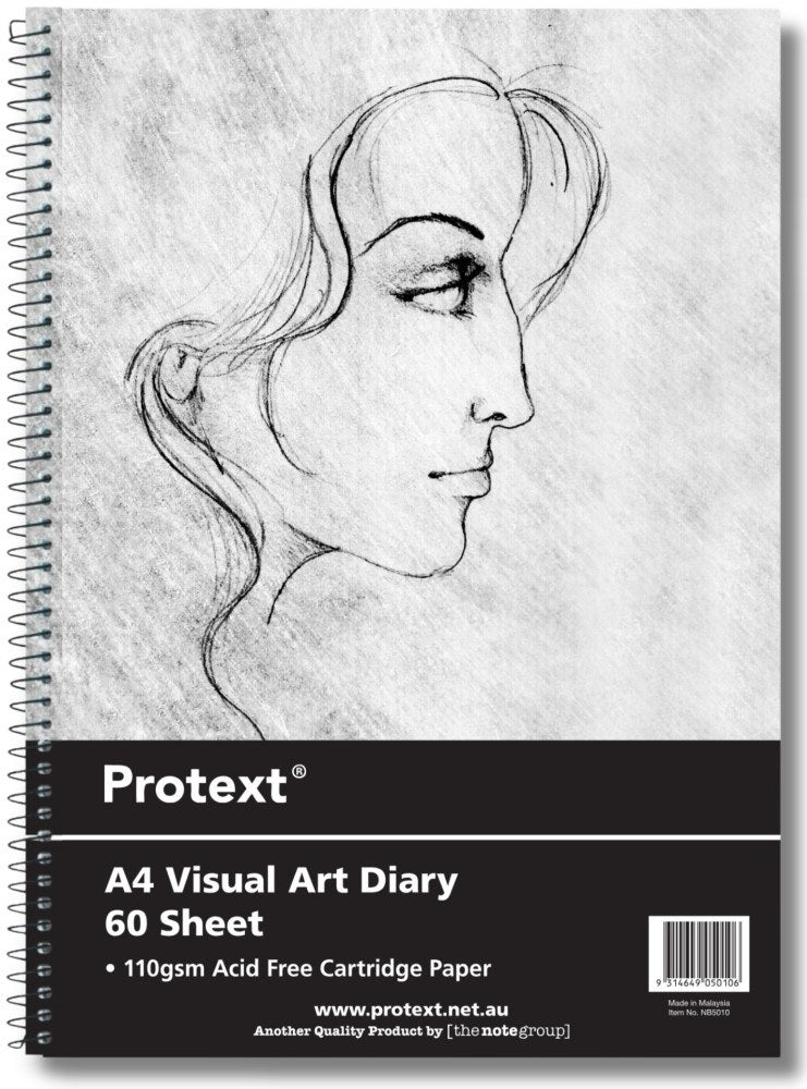 Protext A4 Visual Art Diary with a clear cover over a pencil portrait insert, black panel reading 60 Sheet and 110gsm Acid Free Cartridge Paper, spiral on the left