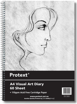 Protext A4 Visual Art Diary with a clear cover over a pencil portrait insert, black panel reading 60 Sheet and 110gsm Acid Free Cartridge Paper, spiral on the left