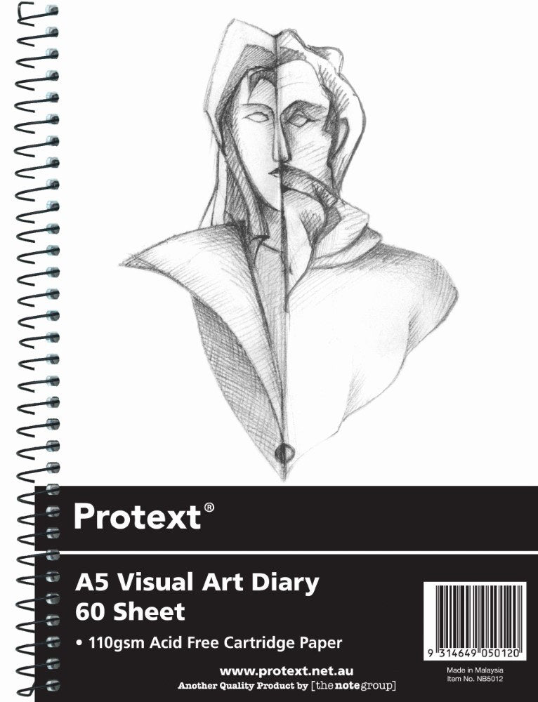 Protext A5 Visual Art Diary with a clear cover over a pencil figure drawing, black panel printed 60 Sheet, 110gsm Acid Free Cartridge Paper and a barcode