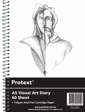 Protext A5 Visual Art Diary with a clear cover over a pencil figure drawing, black panel printed 60 Sheet, 110gsm Acid Free Cartridge Paper and a barcode