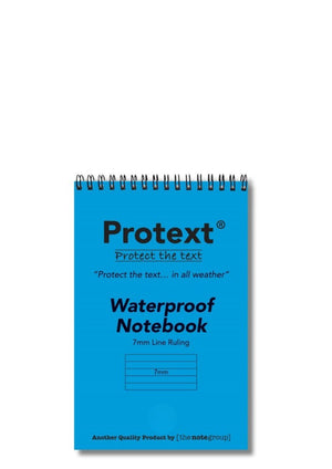 Blue Protext Waterproof Notebook with wire binding across the top, cover printed 7mm Line Ruling above a small ruled sample box