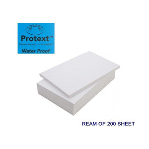 Blue Protext Water Proof logo panel with an open book drawing, shown beside a plain white drawn ream of paper labelled Ream of 200 Sheet
