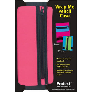 Magenta Protext Wrap Me pencil case with a black zip down its length on a header card showing it fitted to A4 and A5 notebooks