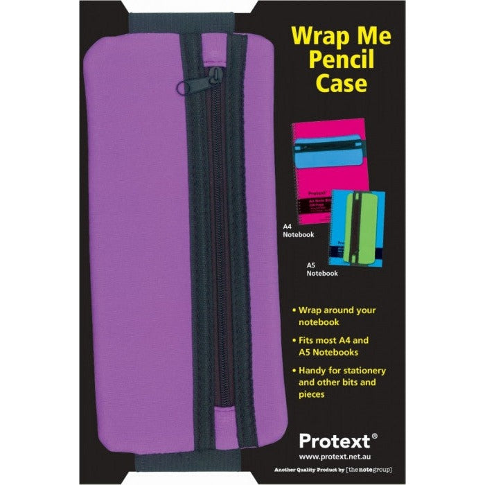 Purple Protext Wrap Me pencil case with a long black zip and black end bands on a card picturing it on A4 and A5 spiral notebooks
