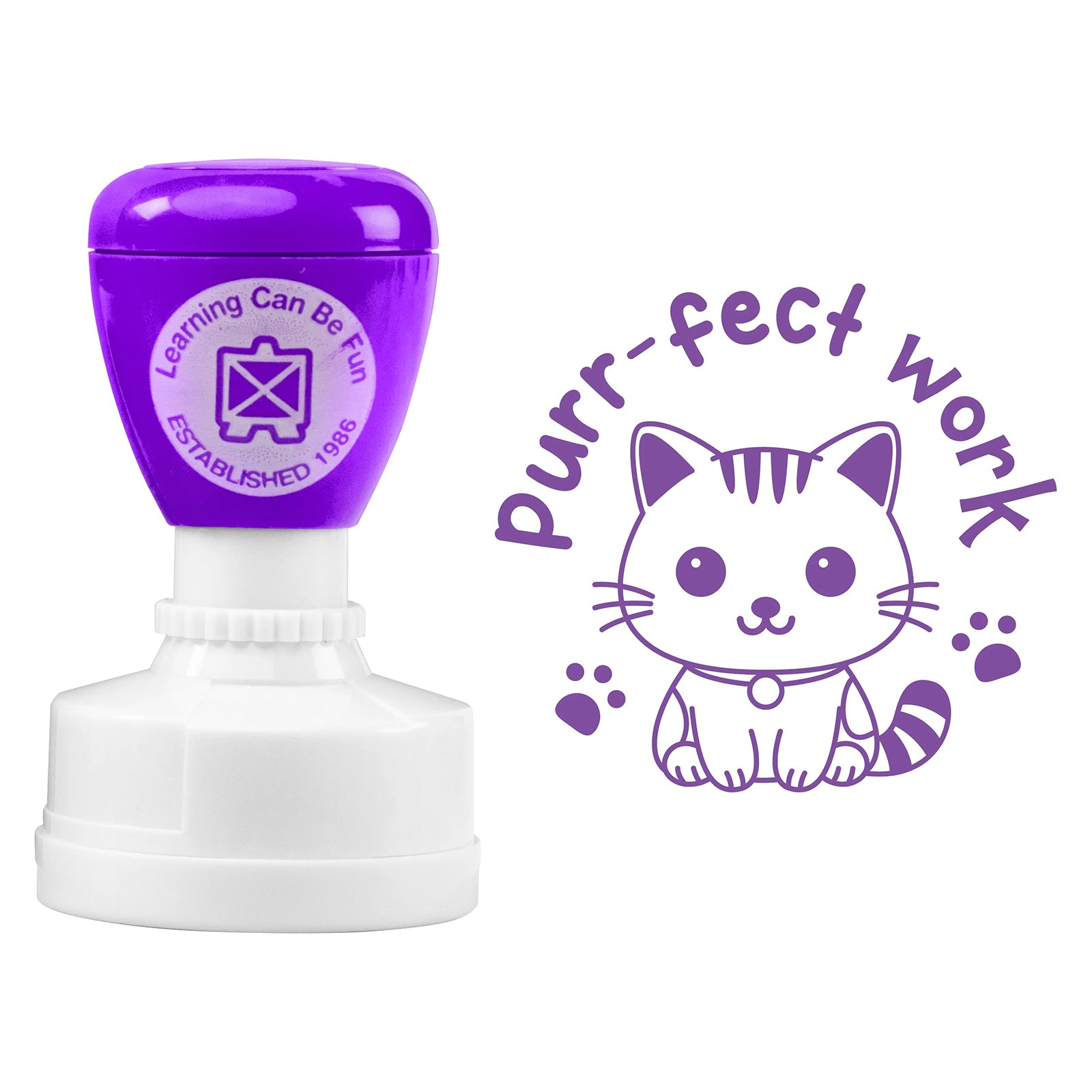 Product image displaying the self inking stamp alongside the complete Purr-fect Work artwork. The adorable cat character and paw print details create a playful reward tool that motivates students and builds confidence.