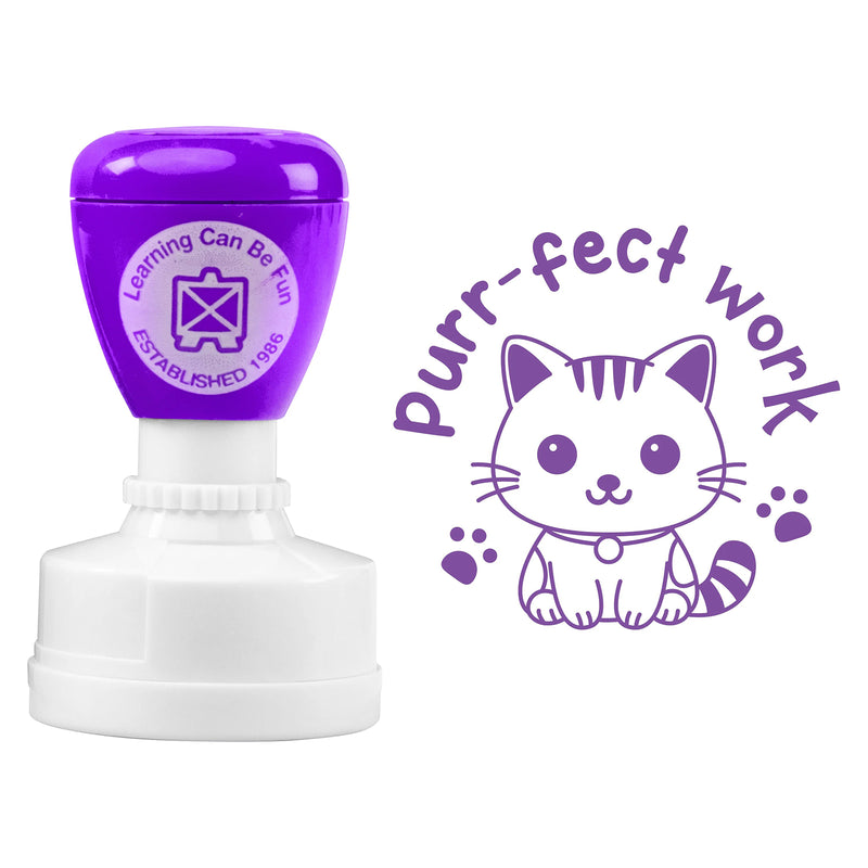 Product image displaying the self inking stamp alongside the complete Purr-fect Work artwork. The adorable cat character and paw print details create a playful reward tool that motivates students and builds confidence.
