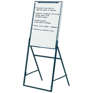 Quartet Futura easel with a white board on a black A-frame stand, a clip bar across the top and handwritten notes on the board listing its features, on a white background