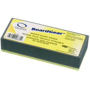 Quartet QT920335 washable whiteboard eraser, a grey block with a yellow Quartet BoardGear label reading Marker Board Eraser and a yellow green base