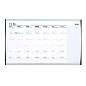 Quartet Arc cubicle calendar board with a MONTH heading, rows of day names from Sunday to Saturday, a pale blue MEMO panel on the right, one blue round magnet and dark grey end caps on silver rails