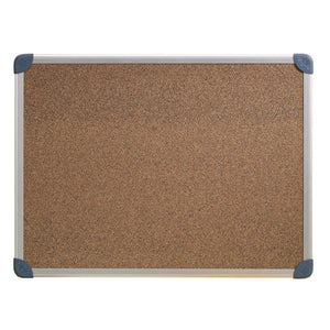 Quartet Penrite slimline corkboard showing speckled cork, an aluminium frame and dark grey corner caps, photographed empty and landscape on a plain white background