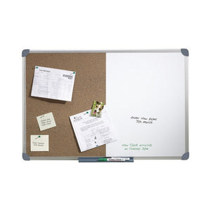 Quartet Penrite slimline combination board with cork on the left holding an invoice, notes and a dog photo on green pins, a white panel with handwritten notes in black and green, and a pen tray