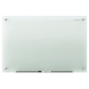 Quartet Infinity frosted glass board photographed flat on, a pale green frosted panel held by round metal fittings at each corner, with the Quartet name top right and a marker tray and black marker at the base