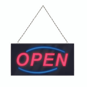 Quartet LED open sign QTLEDOPVL, a black landscape panel with OPEN in red lettering between two blue curved lines, hanging from a silver chain