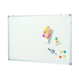 Quartet economy whiteboard seen at an angle with an aluminium frame and grey corners, a cat photo card and a yellow note held by magnets, a marker in a round grey holder and several coloured magnets