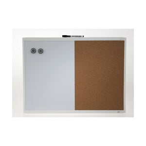 Quartet Basics combination board in a white frame with a white writing surface on the left holding round magnets, a cork surface on the right and a marker on the top edge