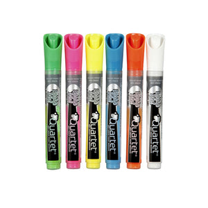 Quartet QTMLEDAS6 neon dry erase paint markers, 6 capped markers in green, pink, yellow, blue, orange and white standing side by side, each barrel labelled Bullet Point Dry-Erase