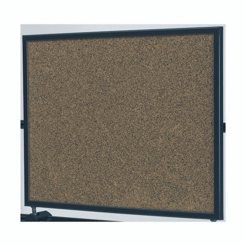 Dark speckled cork board in a black frame held upright on a stand with side brackets, a castor visible at the lower left