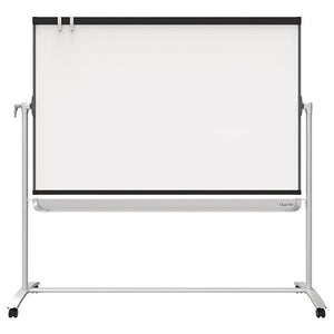 Quartet Prestige mobile whiteboard with a white board under a black top rail carrying small clips, a grey tray below the board and a grey stand on castors
