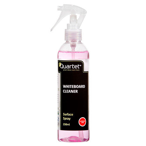 Quartet QTTWC250 Whiteboard Cleaner in an earlier black label design, a 250ml trigger spray bottle of pink liquid reading Surface Spray, with a red round badge on the label