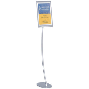 Quartet designer sign stand QT7922 with a silver framed portrait sign showing a Leadership Conference poster on top of a curved silver pole and shaped base