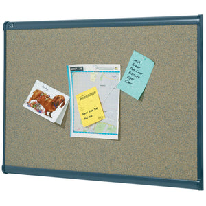 Prestige corkboard by Quartet, the shared range photograph of speckled tan and grey cork in a dark grey frame with a dog card, a map and a yellow note pinned