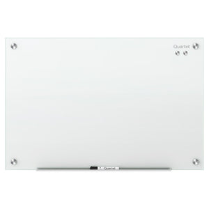 White frameless Quartet Infinity glass board photographed in landscape, showing round chrome corner fittings, 2 round magnets and the Quartet logo at the top right, and a marker tray with a black marker under the bottom edge
