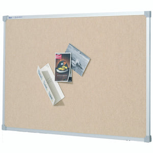 Quartet Penrite fabric pinboard in Bondi, a sand beige fabric inside an aluminium frame with grey corner caps, with a folded white leaflet, a card and a black and white photograph pinned near the middle