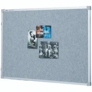 Small Quartet Penrite pinboard in Silver fabric, pale blue grey inside an aluminium frame with grey corner caps, shown landscape with cards and a black and white photograph pinned