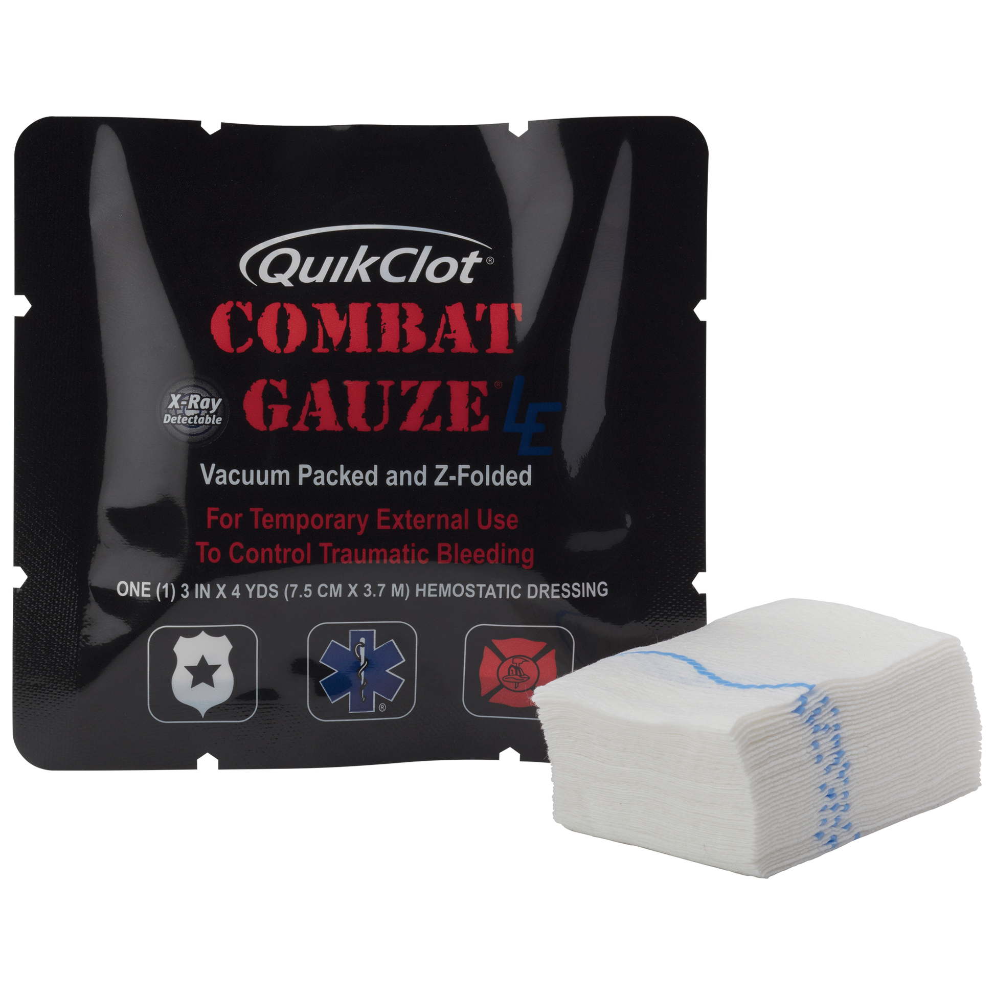 QUIKCLOT Haemostatic Combat Gauze 7.5cm x 3.65M showing kaolin-impregnated sterile wound packing gauze for rapid control of life-threatening haemorrhage