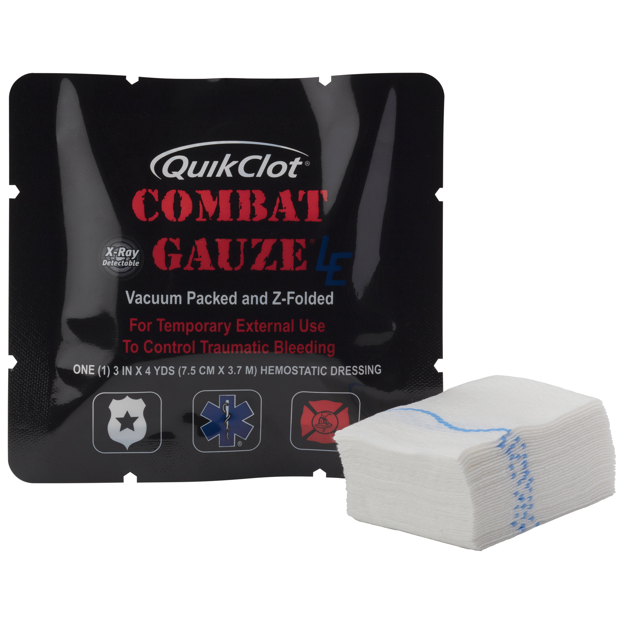 QUIKCLOT Haemostatic Combat Gauze 7.5cm x 3.65M showing kaolin-impregnated sterile wound packing gauze for rapid control of life-threatening haemorrhage