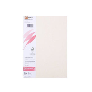 Quill Parchment Paper A4 in natural, a cream parchment pack shown front on with the Quill header card along the left edge