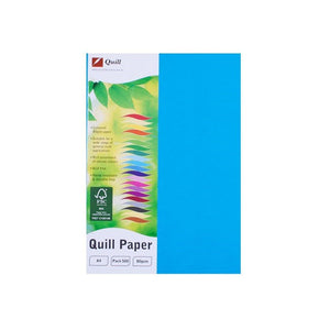Quill Coloured Paper 80gsm A4 Marine Blue Pack of 500: Quill Paper pack shown beside a loose A4 sheet of Marine Blue paper