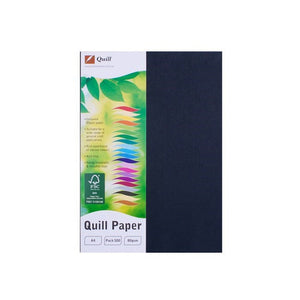 Quill Coloured Paper 80gsm A4 black pack shown in portrait, with the Quill Paper header card down the left side and the black sheets filling the rest of the frame