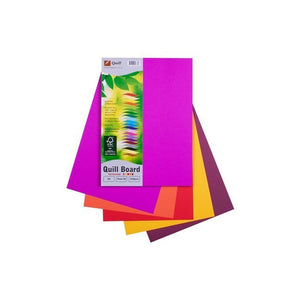 Quill Coloured Board 210gsm A4 Hot Assorted pack card on a magenta sheet, fanned over orange, red, yellow and maroon sheets