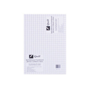 Quill Self Adhesive Foam Board A4 in portrait, its gridded top sheet carrying two Quill Self Adhesive Foamboard labels