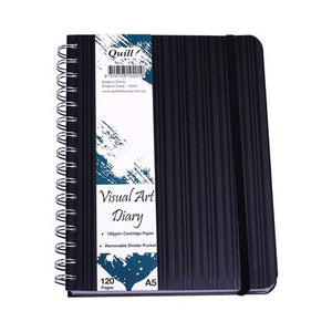 Quill Premium Visual Art Diary A5 with a black striped cover, a black elastic band and a teal and white label reading Visual Art Diary, 120 Pages and A5